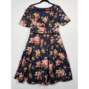 ModCloth Navy Blue Floral Fit and Flare Midi Dress Short Sleeve Belted Size L